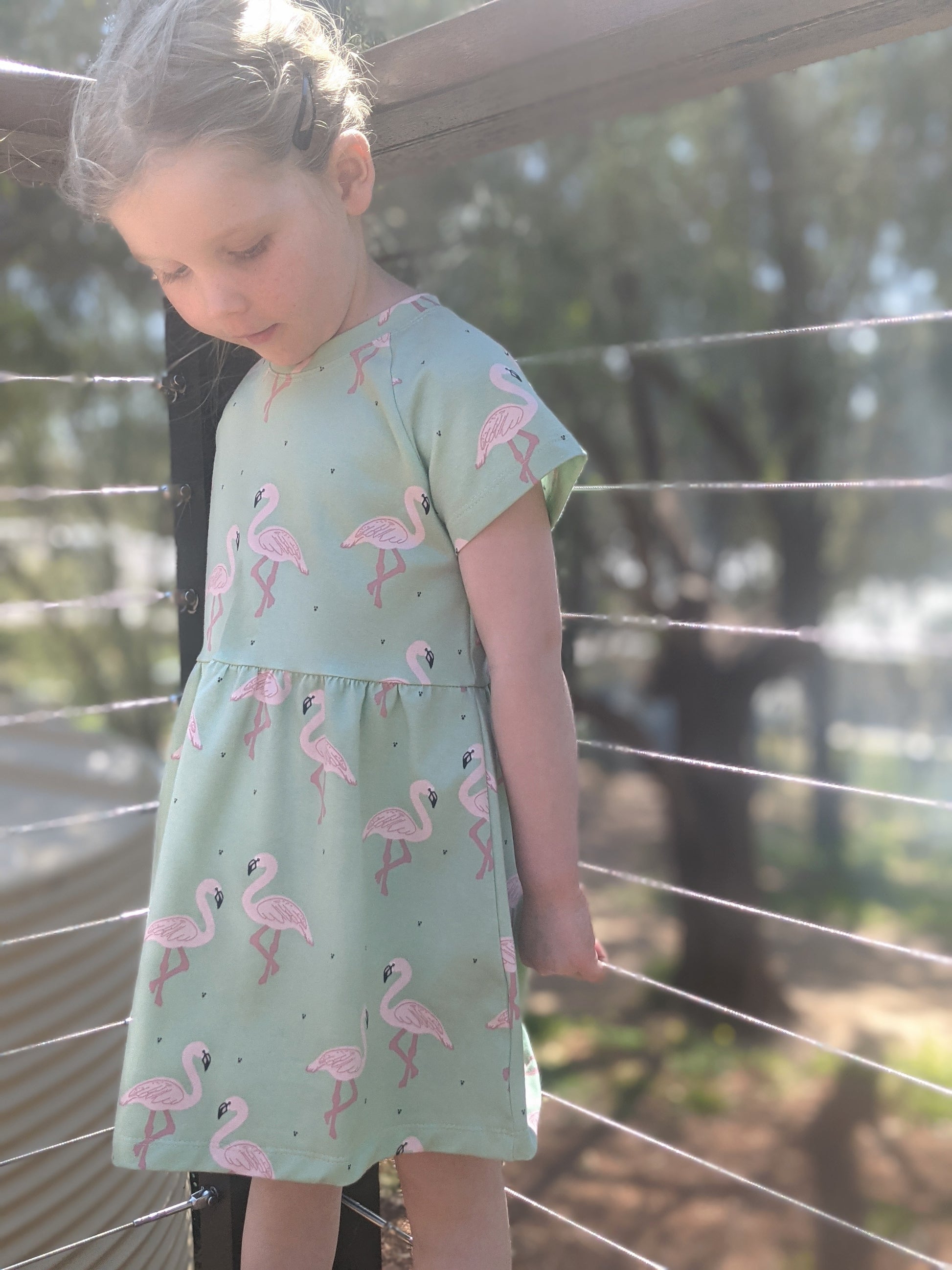 Australian made Kids Dress - Green Flamingo Frog and Molly Australian made Kids Dress - Green Flamingo Frog and Molly