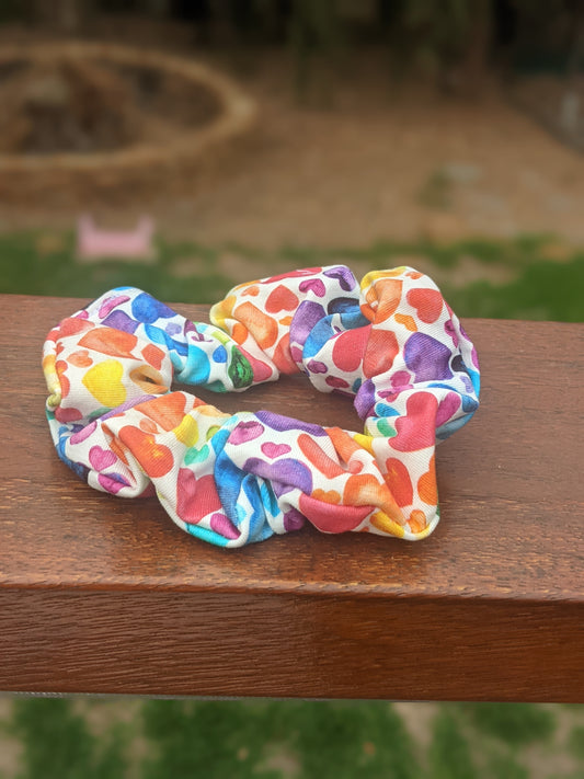 Australian made Scrunchie - (White Rainbow Hearts)